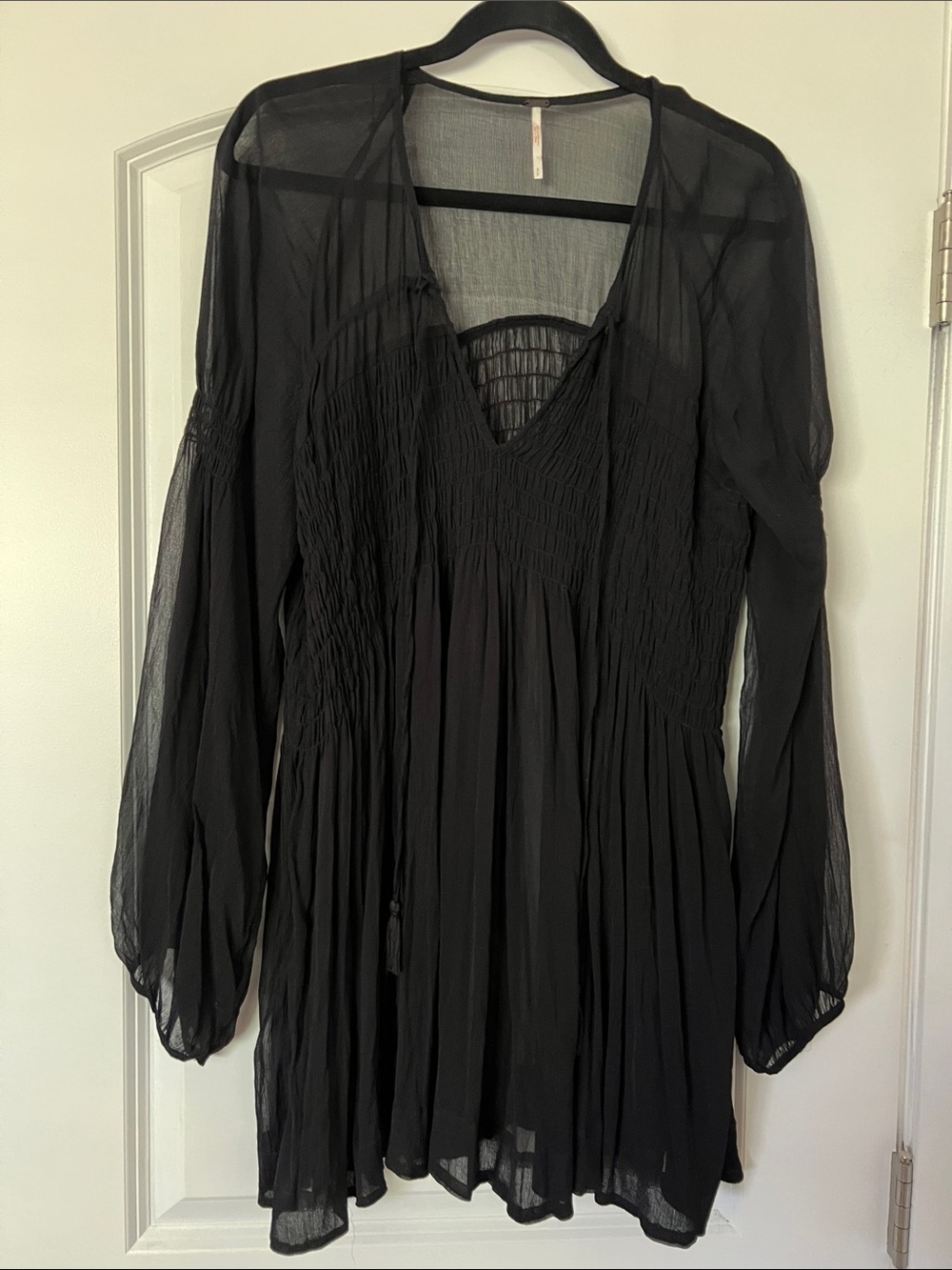 Free People Sheer Black Long-Sleeve Smocked V-Neck Women's Dress